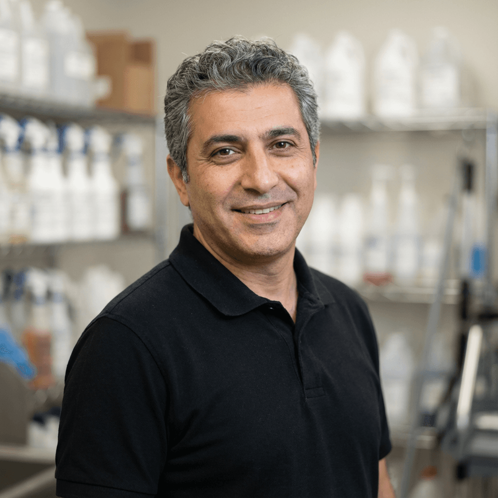 Smiling man with salt-and-pepper hair wearing a black polo shirt in a supply room.