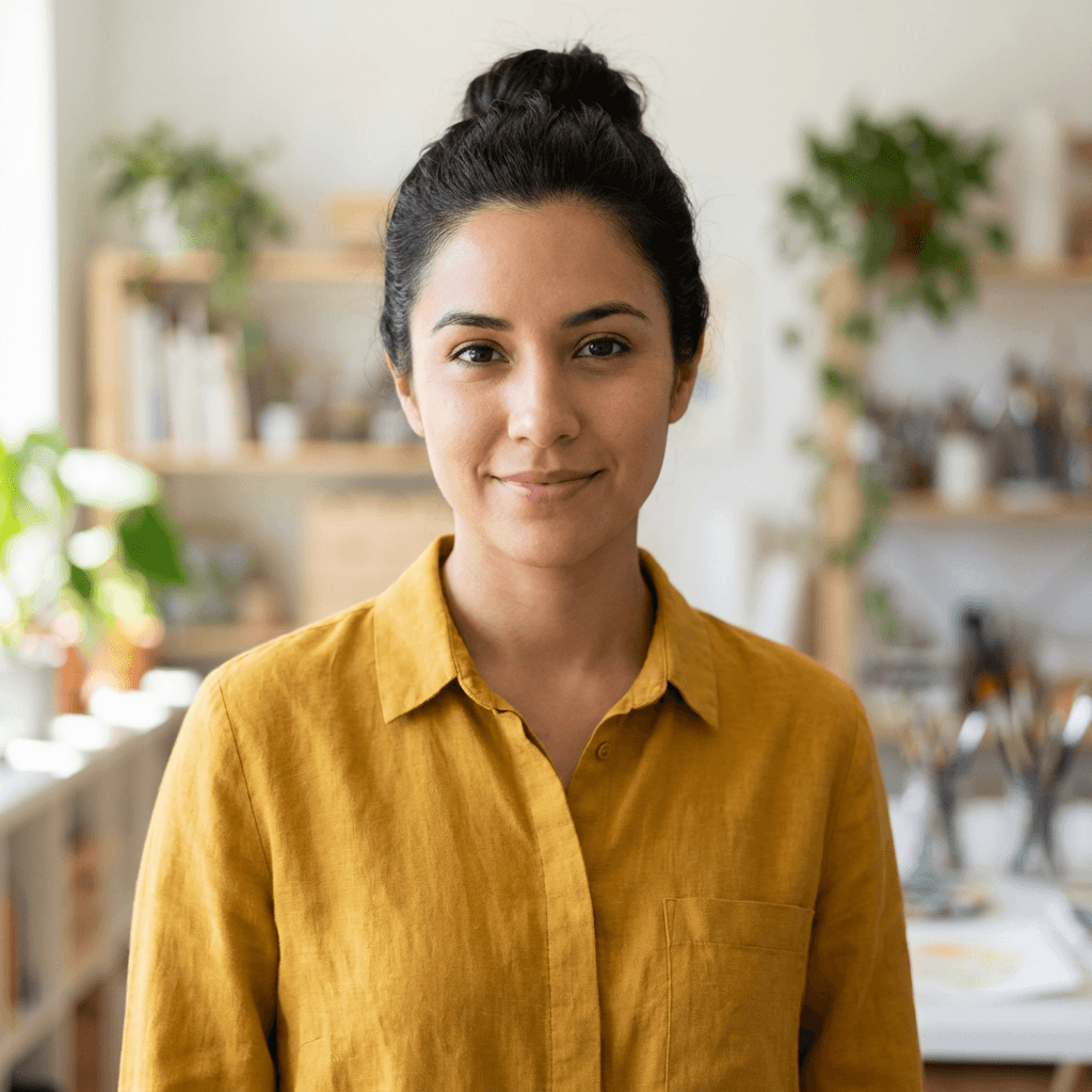 Maria G., a friendly Hispanic woman in her late 30s, smiling warmly