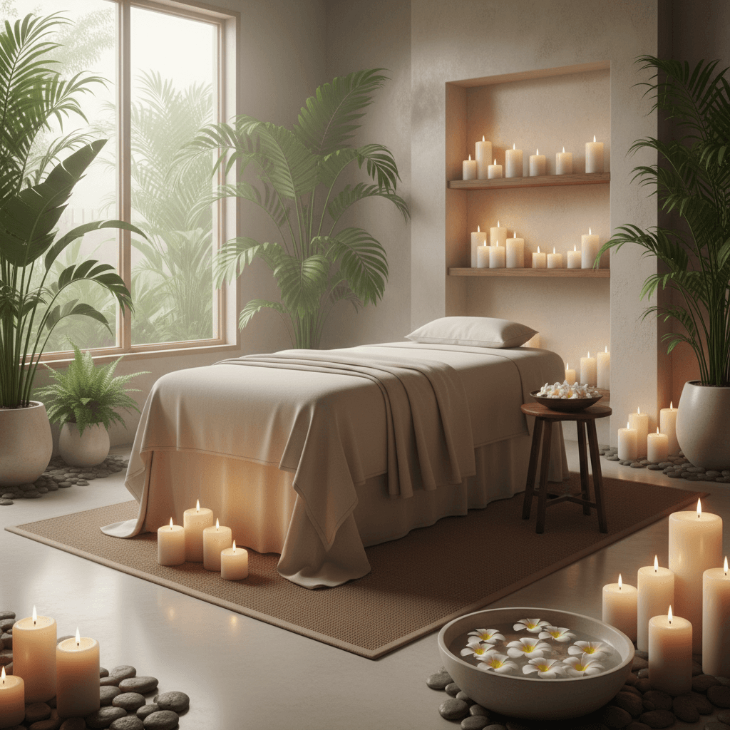Calm spa interior with candles, plants, and a massage table positioned for relaxation
