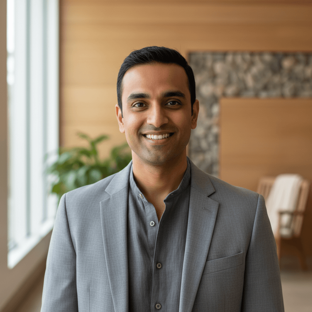 Confident Indian man in his early 30s smiling warmly in a spa setting