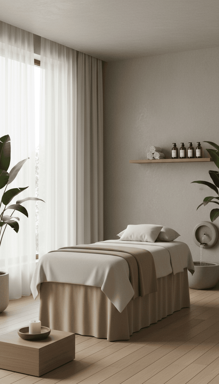 Quiet massage room with a table ready and low lighting