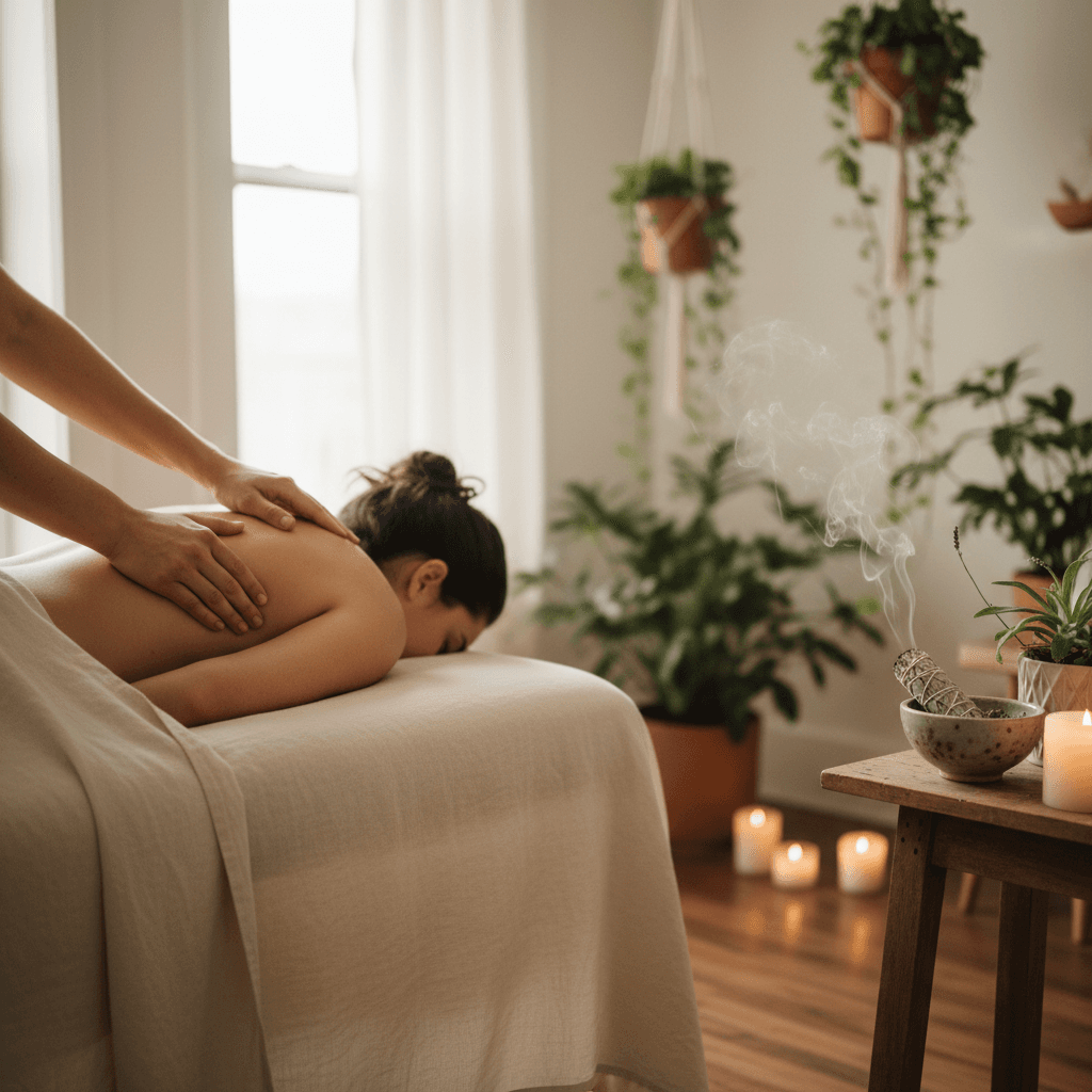 Massage therapist applying gentle pressure on a client's back in a calm spa room
