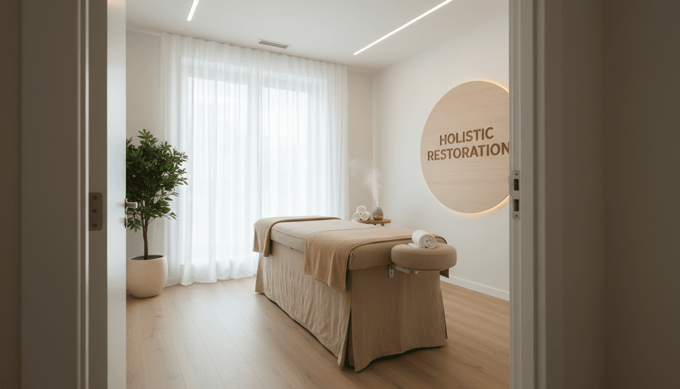 A peaceful massage room with a neatly made table and soft lighting