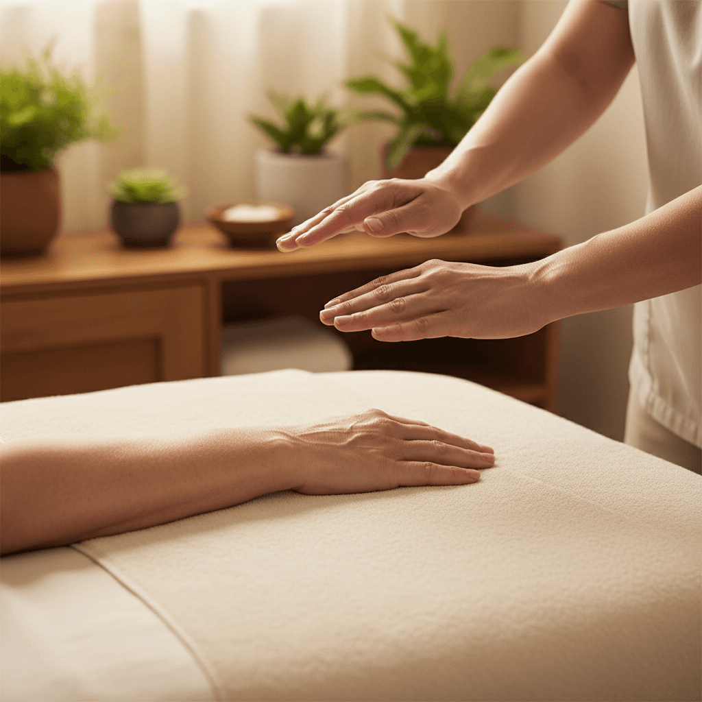 Massage table with rolled towels in a calm treatment room