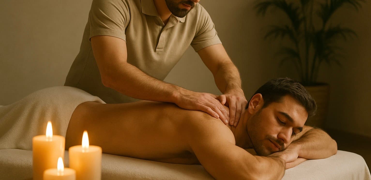 A man receiving a professional back massage in a serene, candlelit spa setting.